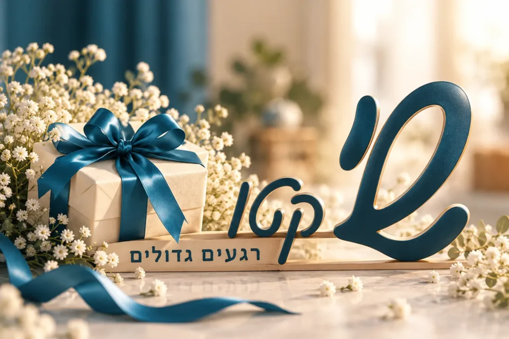 לוגו שי קטן בעיצוב תלת־ממדי לצד מארז מתנה עם סרט כחול ופרחים לבנים